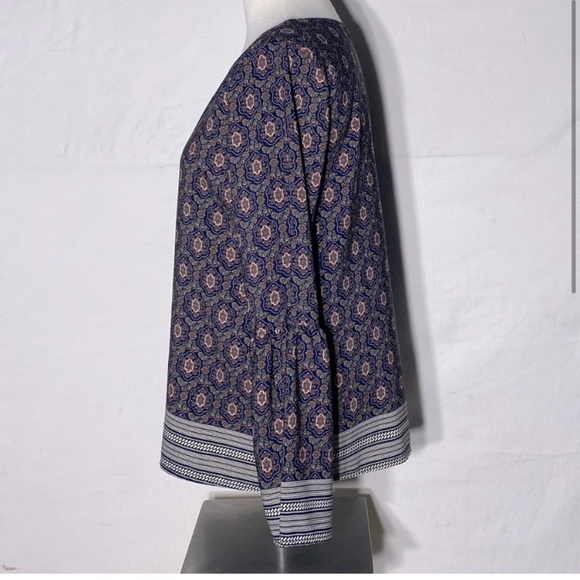 Les Amis Navy Blue Brown Cream Print Long Bell Sleeve Boho Blouse S - Picture 3 of 14